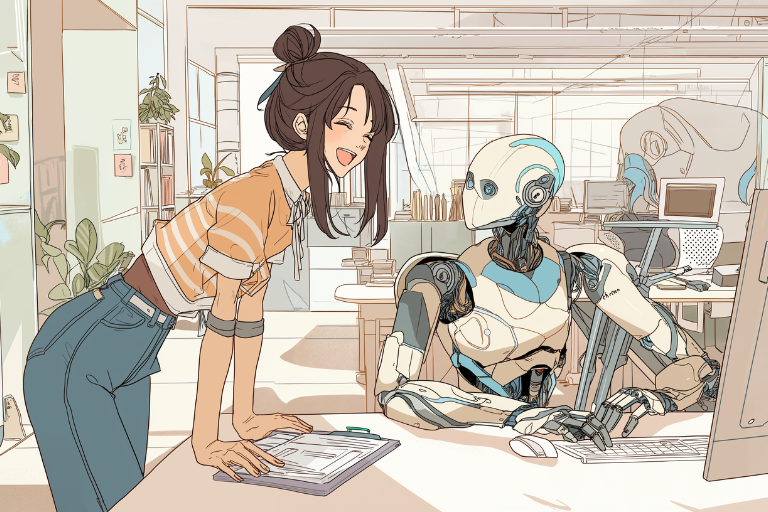 生成AI画像ロボットと笑顔で仕事をする若い女性