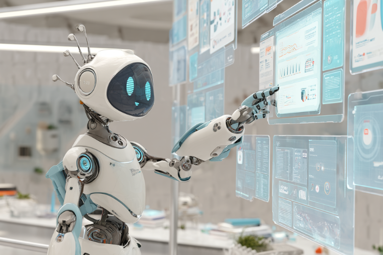 ロボットがホログラムの画面でなにか探している様子