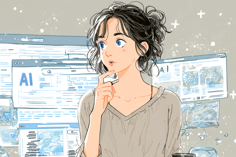 あごに手をあてて、AI検索について考えている女の子の画像