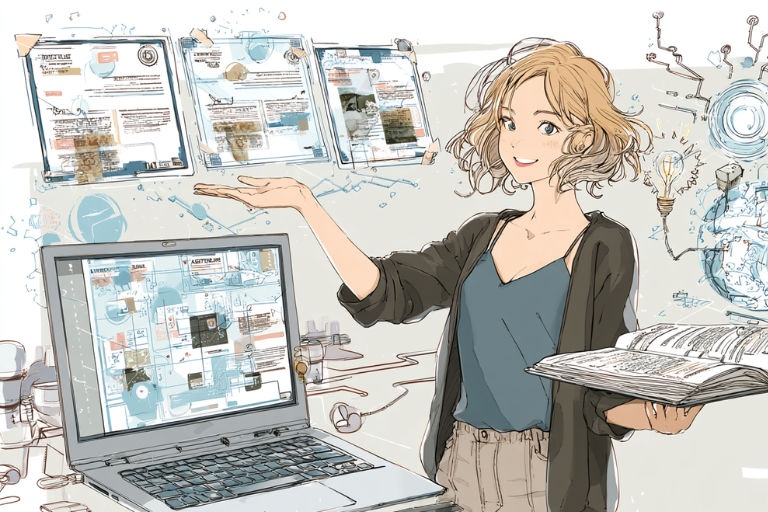 本を片手にAI検索について笑顔で説明している女の子の画像