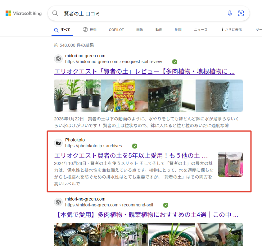 Bingで自分の記事を検索した結果