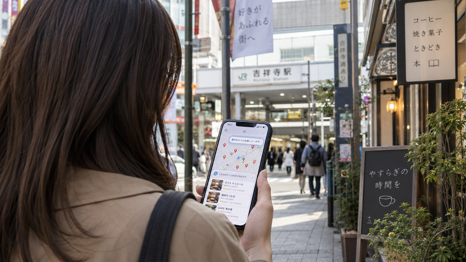 スマホを見ながらGoogleマップを見ている若い女性